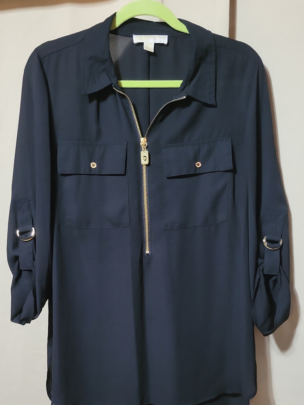 Michael Kors Black Zip-Front Utility Shirt Dress with Gold Hardware